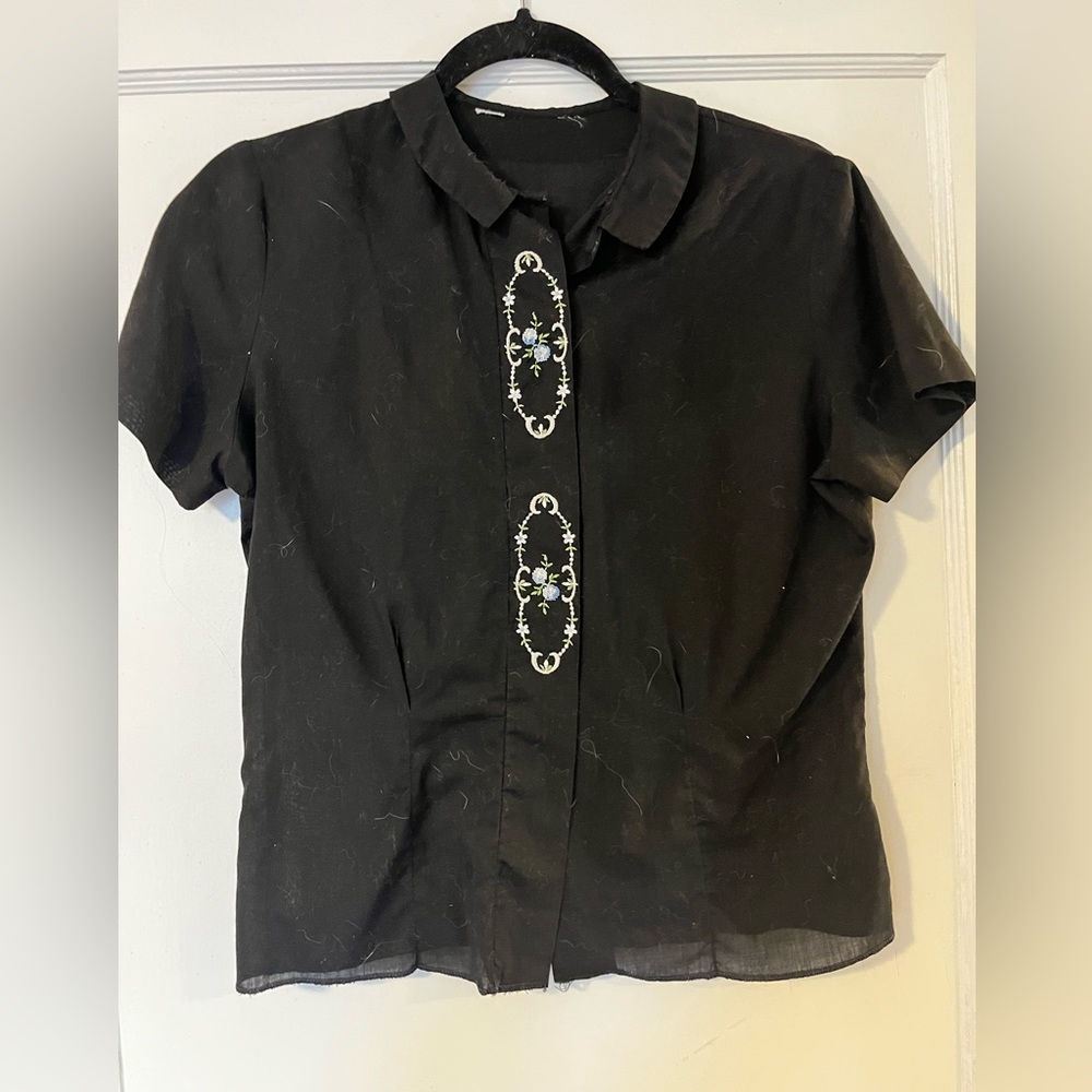 Vintage black blouse with floral embroidery